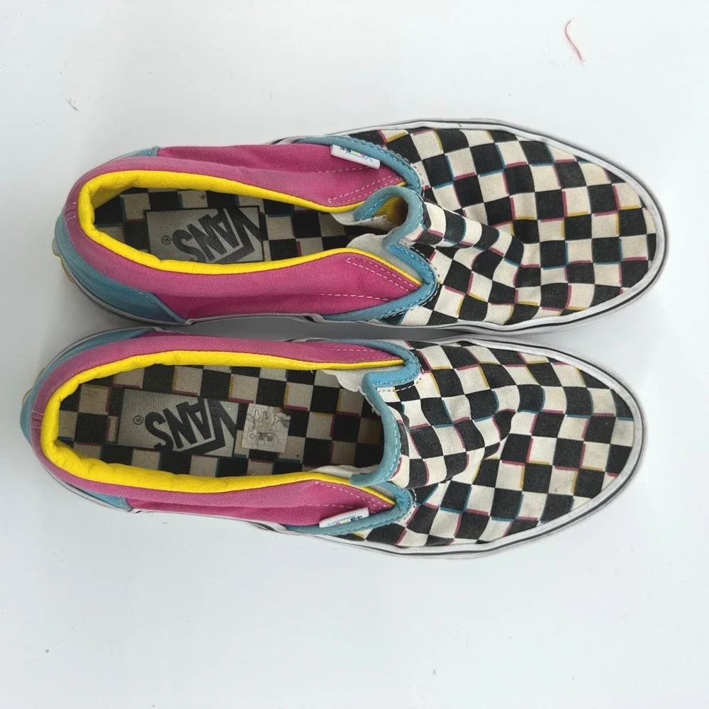 Vans Slip On Checkerboard Pink Teal Yellow Womens Size 8.5 Casual Shoes - Picture 2 of 7